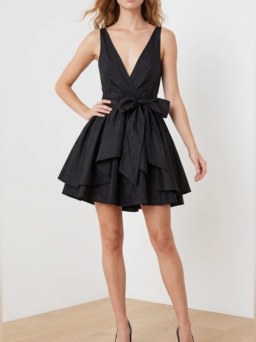 Flirty Black V-Neck Tiered Mini Dress with Waist Tie